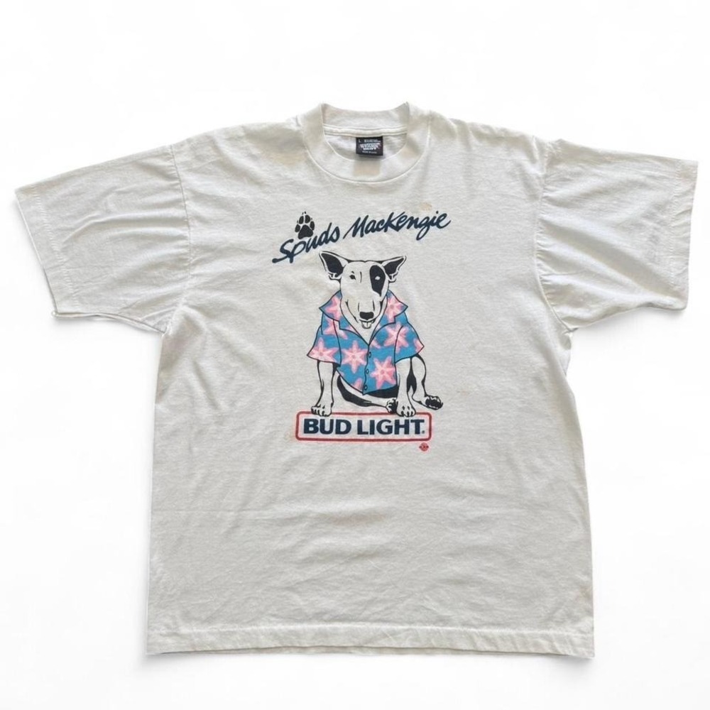 Vintag 90s Bud Light Beer Promo Spuds Mackenzie Football NFL Dog Graphic T-shirt